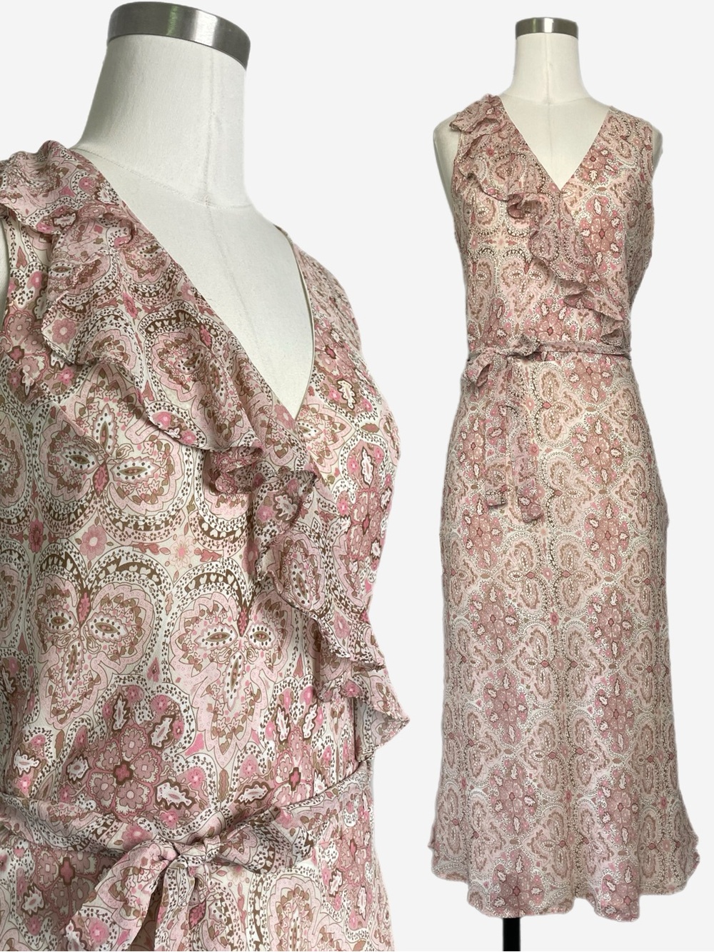 Vintage Y2K The Limited pink paisley silk ruffle belted dress boho fairy XS/S